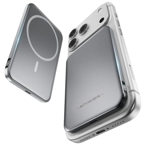 Aobbow Magnetic Portable Charger, 5000mAh Ultra Slim Power Bank with LED Display, 15W Fast Charging Battery Pack, MagSafe-Compatible Charger for iPhone 17/16/15 and AirPods - Titanium Gray