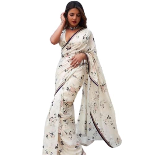 BE4ME.COM Alia Bhatt Inspired Manish Malhotra Party Wear Georgette Printed Saree (White 3)