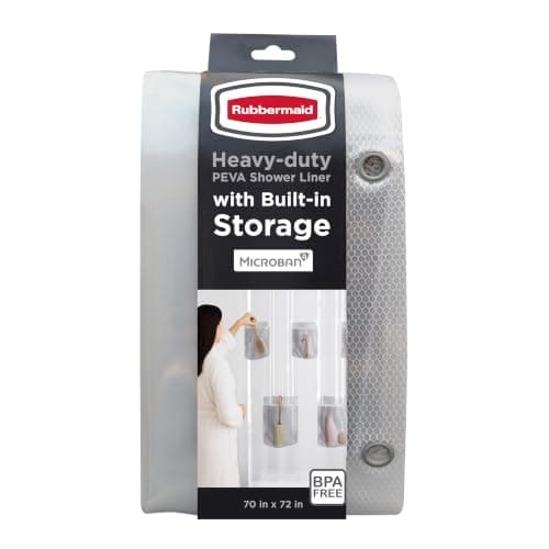 Rubbermaid Clear Waterproof Shower Curtain Liner with 5 Storage Pockets, Heavyweight 8g PEVA Shower Liner for Bathroom, with Gray Rustproof Grommets and Pockets, 70x72, Standard Size, Clear