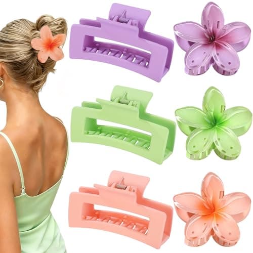 Flower Hair Clips for Women Square Claw Clips for Girls 2 Styles Hair Claw Clips for Thick or Thin Hair 6 PCS Hawaiian Hibiscus Rectangle Large Plumeria Medium Hair Accessories for Women (Purple)