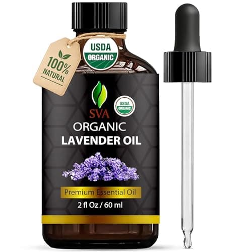 SVA Lavender Essential Oil Organic – 2 Fl Oz – 100% Natural Organic Lavender Oil - for Diffuser, Hair, Face, Skin Care, Aromatherapy, Scalp and Body Massage, Soap and Candle Making - with Dropper