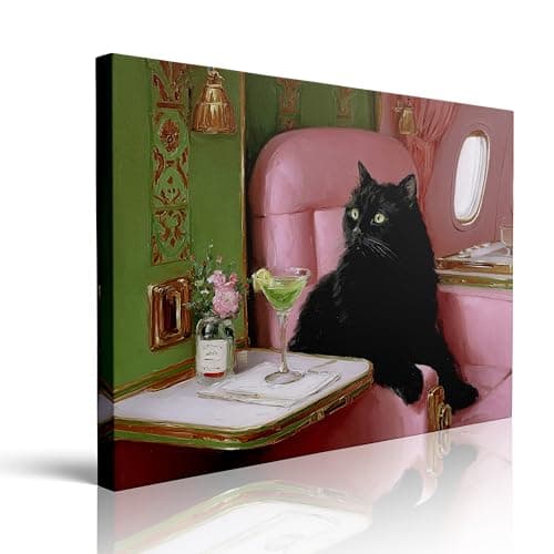 Black Cat in Pink Booth Canvas Wall Art Framed Print Painting Green Martini Cocktail Vase Flowers Wall Decor Artwork Poster Chic Vintage Funny for Kitchen Bar Living Room Decor 12x16 Inches