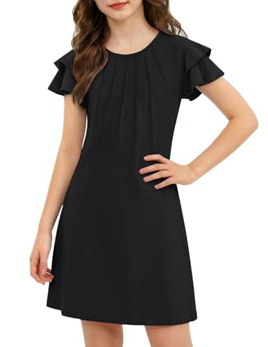 Arshiner Tween Girls Summer Dress Black Church Funeral Flutter Sleeve Pleated Front A Line Dresses for 14-15 Years