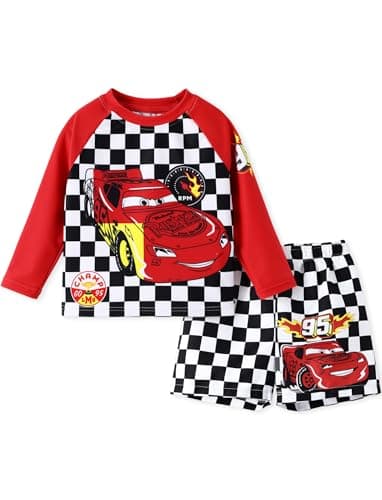 Disney Cars Boys Swim Set Lightning McQueen Swimsuit Beach Bathing Suit Seaside Vacation Swimwear Set Summer Red Rash Guard Shirt & Swim Trunks Toddler Boy Clothes Two Piece Swimming Outfit 3-4 Years
