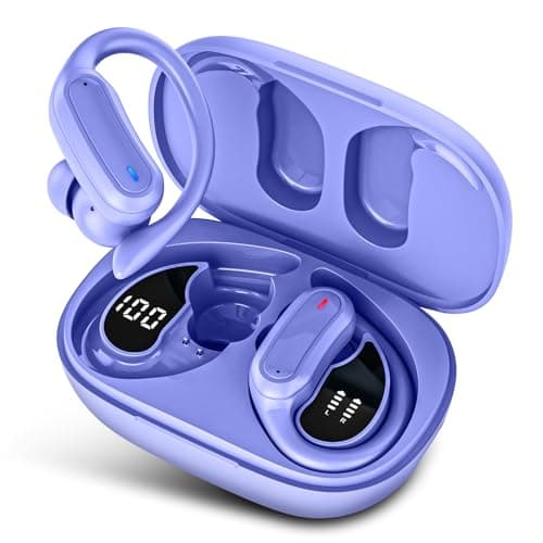 TRAUSI Wireless Earbuds Bluetooth Headphones, Stereo Over Ear Buds with Noise Cancelling, LED Power Display Earphones wih Earhooks for Workouts Violet Purple