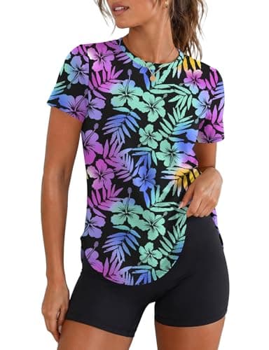 LOMON Summer Workout Tops for Womens Short Sleeve Athletic Shirts Quick Dry Rash Guard UV Sun Protection Hiking Gym Tees Floral Print 1, X-Large