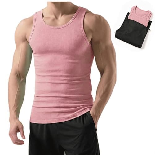 TrailTech Men’s Ribbed Tank Top, Moisture-Wicking Blend Muscle Fit Undershirt for Gym Workout, Beach Layering, and Daily Comfort with Laundry Bag Pink