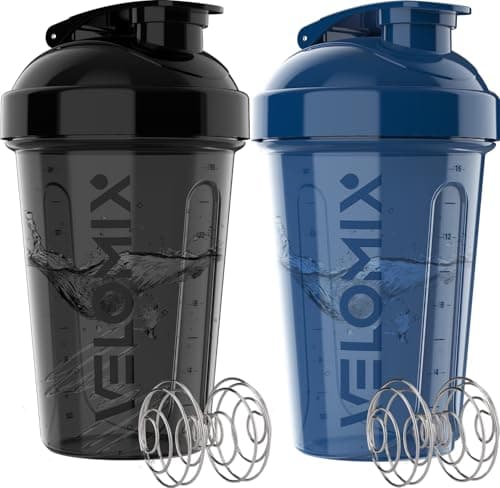 VELOMIX 2 Pack 20oz Protein Shaker Bottle for Protein Mixes, Blue/Black