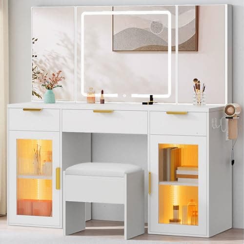 YITAHOME 56" LED Vanity Desk w..., RGB Glass Storage, 3 Drawers