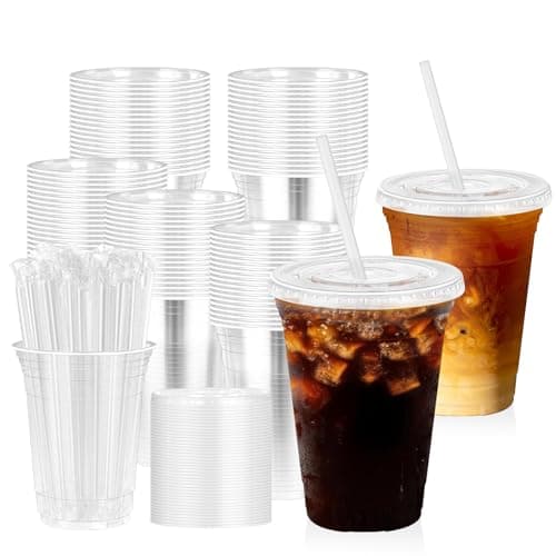 Fogein 16 oz 100 Pack Clear Plastic Cups with Lids and Straw,leak-proof durable,To-Go Cold Coffee Cups,Disposable Cold Drink Cups for Parties, Outdoor Events, Cafes, and Smoothies
