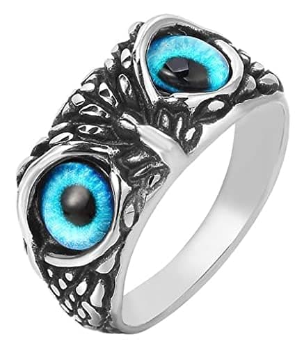 AZYOUNG Unisex 316L Stainless Steel Relief Surface Vintage Blue Eyed Owl Ring,Size 6-10 (Blue, 6)