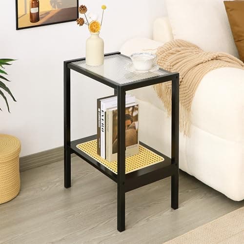 Mordchil HF 2-Tier Bamboo Side Table, Modern Glasstop Rattan Side Table, Mid Century Wood Sofa-Side End Tables for Living Room, Bedroom Night Stand with Storage, Small Narrow Coffee Tables, Black