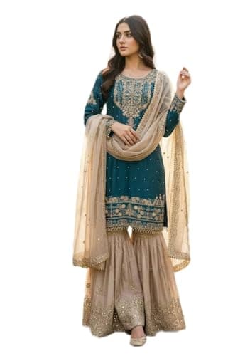 Indya Teal Blue Embroidery Silk Blended Sharara for Festive | 3/4 Sleeve | Crew Neck | Salwar Kameez | Kurta Set