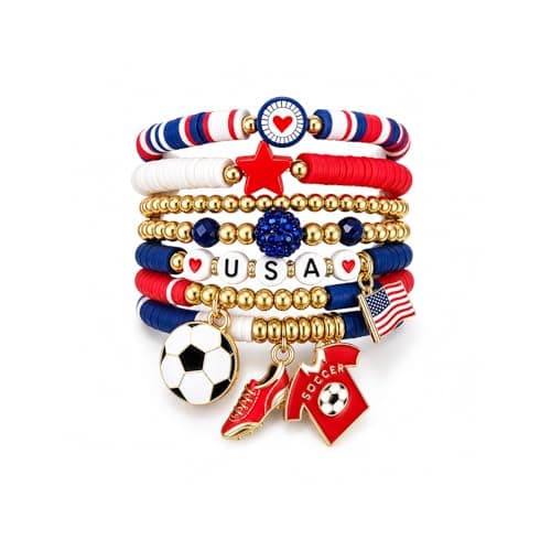 LIU JUN 2026 FIFA World Cup Soccer Bracelet Set For Women Men, USA Red White Blue Stretch Acrylic Beaded Game Day Fans Bracelets Fashionable Stackable Patriotic Team Party Gift Jewelry (USA)