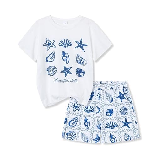 Zylvae Tween Girl's Summer 2-Piece Outfit Short Sleeve T-Shirt & Ocean Pattern Shorts Clothes Set 9-15 Years Size 13 14