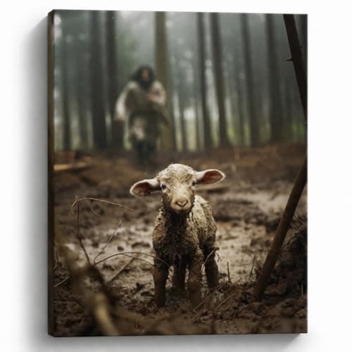 Jesus with Lamb Christian Canvas Wall Art, Running After Lost Lamb Religious Canvas Print, Gallery Wrapped Ready to Hang Fade Resistant Faith Decor for Living Room Prayer Room Church
