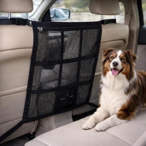 WXPBKC Dog Car Net Barrier with Zipper Pocket, Large Dog Net for Car Between Front Seats, Double Layer Mesh Pet Barrier Organizer for SUVs, Sedans & Trucks, Easy Install, 35.4 x 23.6 in