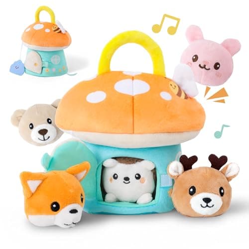 PIIKAGO Baby Toys 6-12 Months - My First Mushroom House with 5 Stuffed Forest Animals, Busy Montessori Toys with Rattle, Crinkle, Squeaker, Mirror, Sensory Toys, Christmas Birthday Gift