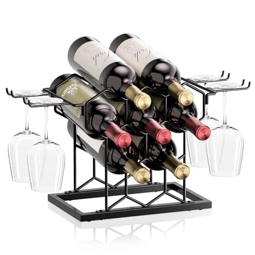 B4Life Countertop Wine Rack 3 Tier, Wine Rack with Glass Holder 8 Bottles, Freestanding Small Liquor Holder Metal, Tabletop Bottle Storage Stand for for Home, Kitchen, Bar, Cellar (Black, 8 Bottles)