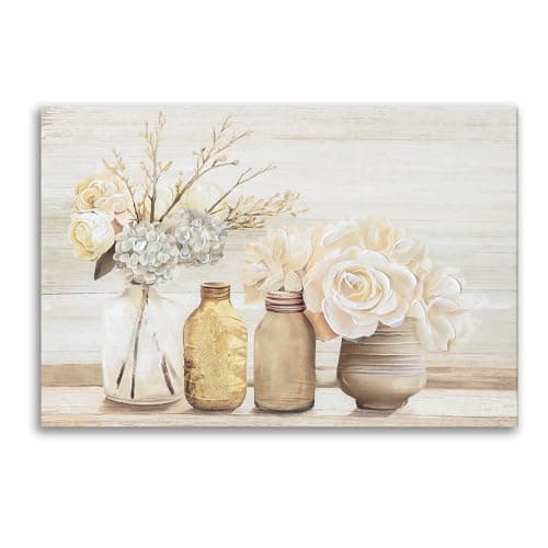 Farmhouse Floral Wall Art for bathroom, Flower Rustic Wood Board Canvas Wall decor Art hand paint Paintings Country Flower Pictures Posters Prints Artwork for living room Bedroom kitchen, 16L X 12W