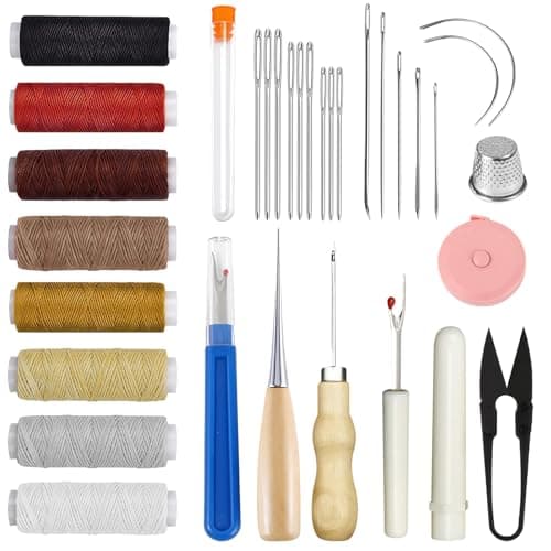 Upholstery Repair Sewing Kit - 17pcs Heavy Duty Leather Sewing Tools with 8 Colored Waxed Threads, Curved Needles, Stitching Awl, Seam Ripper for Car Seat, Sofa, Boots, Backpack, Canvas Repair