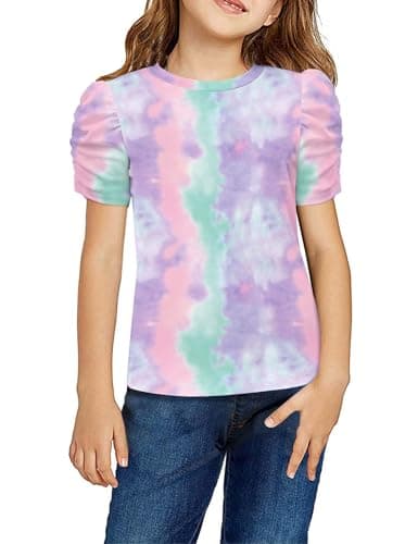 Arshiner Girls Short Sleeve Shirt Summer Tops Dressy Crewneck Puff Sleeve Ribbed Knit Shirts Tunic Tops for Leggings Tie Dye Purple 7-8 Years