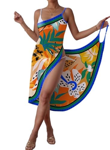 Herseas Women's Beach Cover Ups Sheer Chiffon V Neck Binding Tape Swimsuit Coverup Adjustable Straps Cross Criss Wraps for Swimwear 2026 Summer Dress Cruise Essentials Tropical Leaf Print X-Large