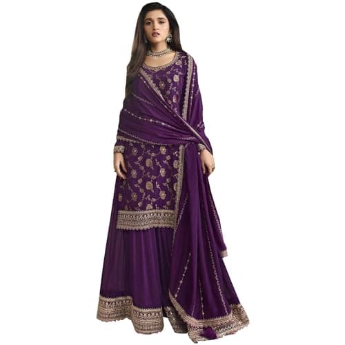 We Designer Pakistani Beautiful Salwar Kameez Palazzo Suits Ready To Wear Indian Function Stitched Outfit (US, Numeric, 34, Regular, Regular, Purple)