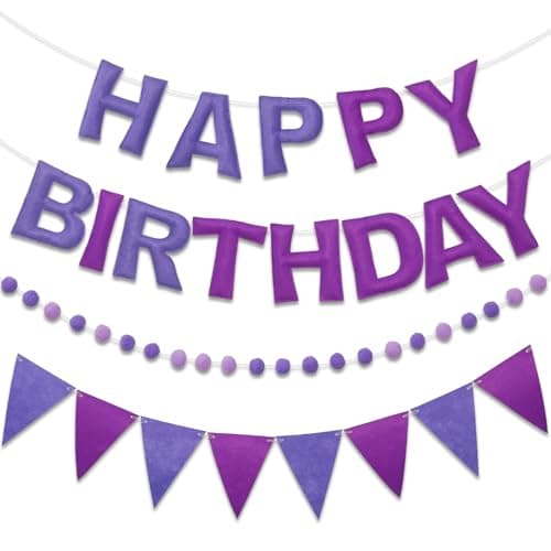 LITAUS Pre-Strung Happy Birthday Banner & Felt Garland Set - Ombre Purple Birthday Decorations for Women Men Boys Girls | Reusable Party Supplies for Indoor & Outdoor