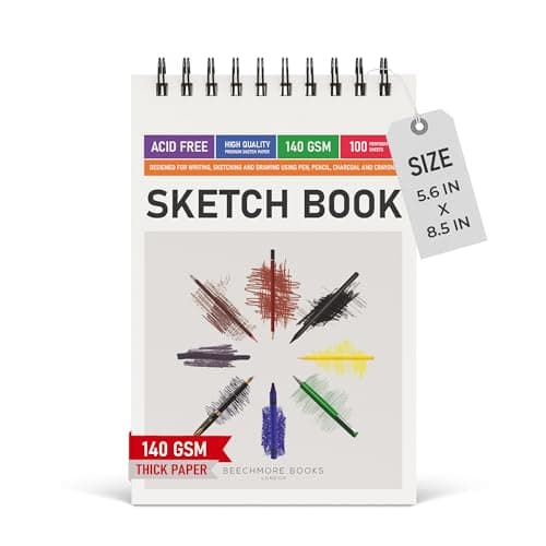 BEECHMORE BOOKS 5.6"x8.5" Spiral Sketchbook – 140 GSM Acid-Free Paper, 100 Perforated Pages, A5 Art Sketch Pad for Drawing & Sketching, Artists, Adults