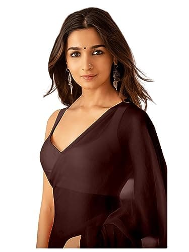 Sidhidata Women's Plain Pure Georgette Saree With Unstitched Blouse Piece (Rocky Aur Rani Ki Prem Kahani Alia Bhatt Saree) (Coffee)