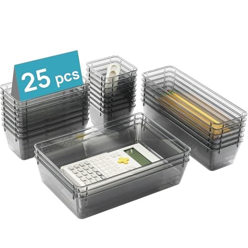 Vtopmart 25 PCS Office Desk Drawer Organizers Set, 4-Size Versatile Plastic Drawer Organizer Trays, Storage Bins for Desk Accessories Office Organizers and Storage, Bathroom, Makeup, Vanity