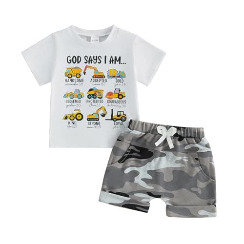 MERSARIPHY Toddler Baby Boy Clothes Trucks Letters Short Sleeve Tops Shirt Casual Shorts Sets 2Pcs 2T 3T 4T Summer Outfit (White Camouflage, 2-3T)