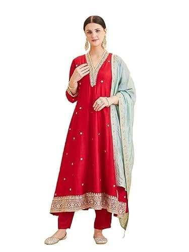 Jevious Women’s Embroidered Kurta Set with Dupatta Indian Ethnic Salwar Suit for Festive,Wedding & Partywear, Designer Outfit (US, Alpha, X-Large, Regular, Regular, Red)