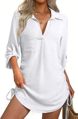 GKBK Women Swimsuit Coverup Bathing Suit Cover Ups for Swimwear Swim 2026 Spring Summer Outfits Fashion Clothes Pool Bikini Beach Wear Drawstring Casual Dress Shirt Pullover Top White M