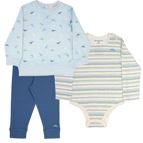 Tommy Bahama Baby Boy 3-Piece 100% Cotton Set - Long Sleeve Shirt, Comfy Bodysuit Onesie, and Pants Bundle for Infants & Babies (Blue/Cream, Size 3/6M)