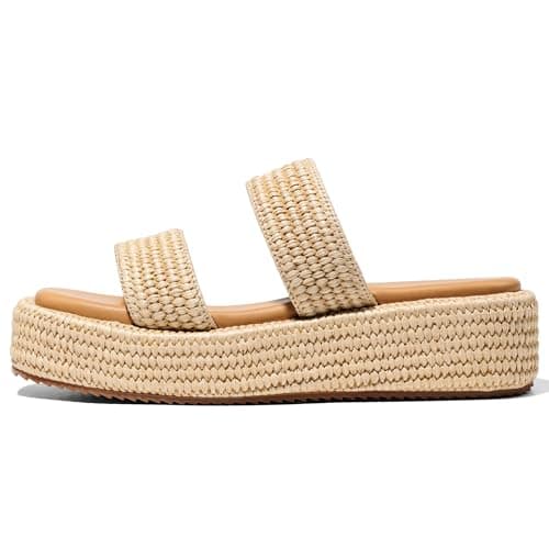 Erocalli Platform Sandals Women Brown Wedge Espadrille Sandals Slip on Summer Beach Raffia Sandal Comfortable Open Toe Dressy Outdoor Cute Two Straps