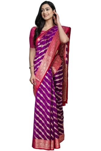 Chandrakala Banarasi Saree for Women with Unstitched Blouse Piece Indian Wear, Purple (1438PUR)