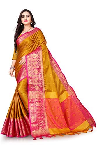 MOHIT CREATIONS Wedding Wear Traditional Pure Cotton Silk Saree With Unstitched Blouse Piece (Mustard)