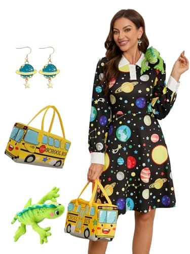 YAMQETKO Teacher Costume Aline Dress for Schools Treat/Books on Parade Blue Space Planet Patterned YA101-3-XL