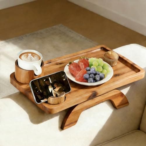 DUMOS Couch Armrest Table, 3 in 1 Clip Couch Arm Tray with 360° Rotating Phone & Cup Holder for Snacks & Drinks, Foldable Anti-Slip Tray for Movie Night, Reading, Small Apartment, Rustic Brown