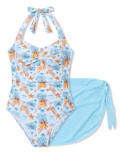 Teen Girl Swimsuits Size 14-15Y One-Piece Swimsuit 3D Ocean Starfish Print with Cover Up Skirt Swimwear Girls Beach Bathing Suit Shell(14-15Y)