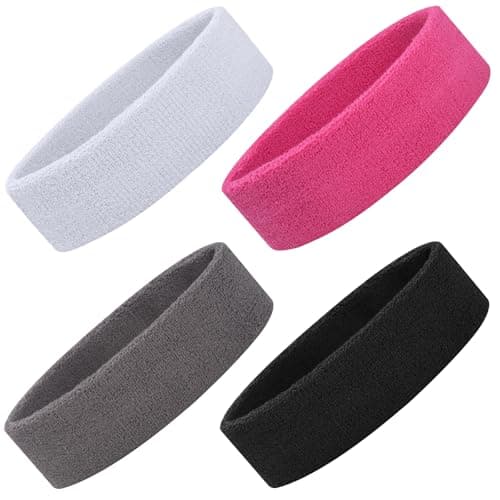 ONUPGO 4 Pack Sweatbands Sports Headbands for Men & Women, Cotton Headband Terry Cloth Sweatband for Tennis,Basketball,Football,Gym,Working Out - Moisture Wicking Elasticity