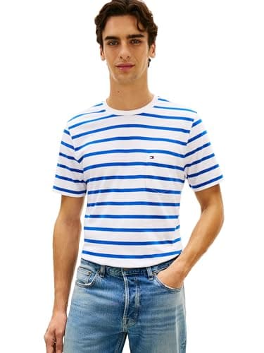 Tommy Hilfiger Men's Essential Regular Fit Pocket Tee,Ecru/Regal Blue Stripe Medium