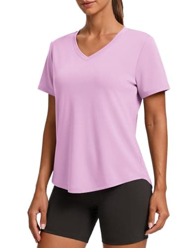 PINSPARK UPF 50 Sun Protection Shirts for Women Short Sleeve V Neck Hiking Tops Moisture Wicking UV Outdoor T-Shirts Quick Dry,Light Pink X-Large