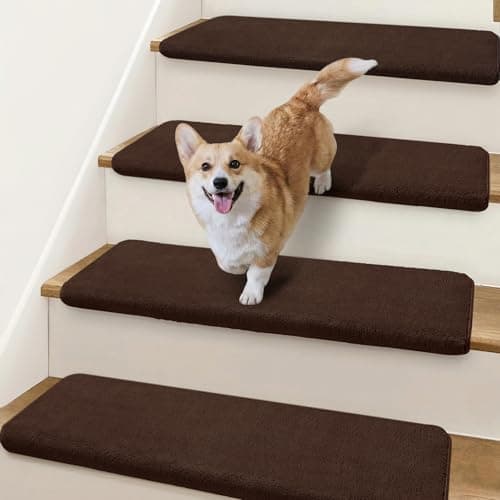 NEKL Bullnose Stair Treads Non Slip 9.5" x 32", 2 Pcs Ultra Plush Carpet Stair Treads for Wooden Steps Indoor with Edge Protection, Reusable Peel and Stick TPU Backing Stair Runner Rugs - Dark Brown