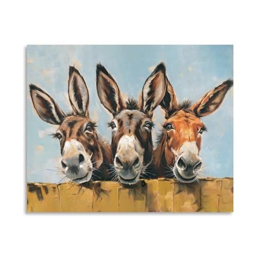 ATELIYISHU Picture of Donkeys, Three Cute Donkey Decor for Living Room Bedroom Office Bathroom Farmhouse Home with Wrapped Canvas (15×12 inch)