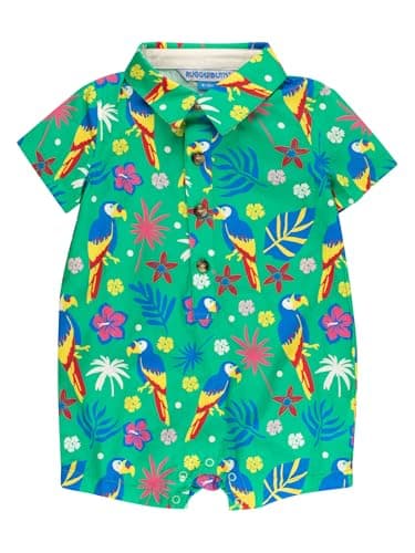 RUGGEDBUTTS Baby Boys Woven Short Sleeve Button-Up Romper - Parrot Palms, 3-6m