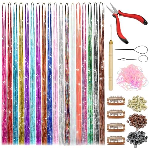 Hair Tinsel Kit for Girls, 18 Colors Fairy Hair Tinsel Extensions Heat Resistant Glitter Hair Accessories with Crochet, Pliers, Beads, Clips, Ponytail Tools for Party, Festival, Christmas