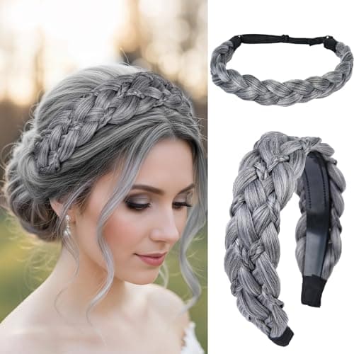 XRACEPHOL 2Pcs Braided Headbands Synthetic Headbands Handmade Fashion Braid Headband Elastic Stretch Headband with Teeth Hair Piece for Women(Gray)